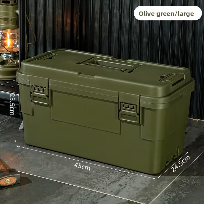 Portable Storage Organizer Featuring an Industrial-Style Toolbox with a Flip-Top Handle And Side Lock Compartments