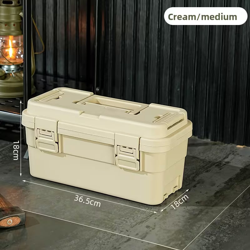 Portable Storage Organizer Featuring an Industrial-Style Toolbox with a Flip-Top Handle And Side Lock Compartments