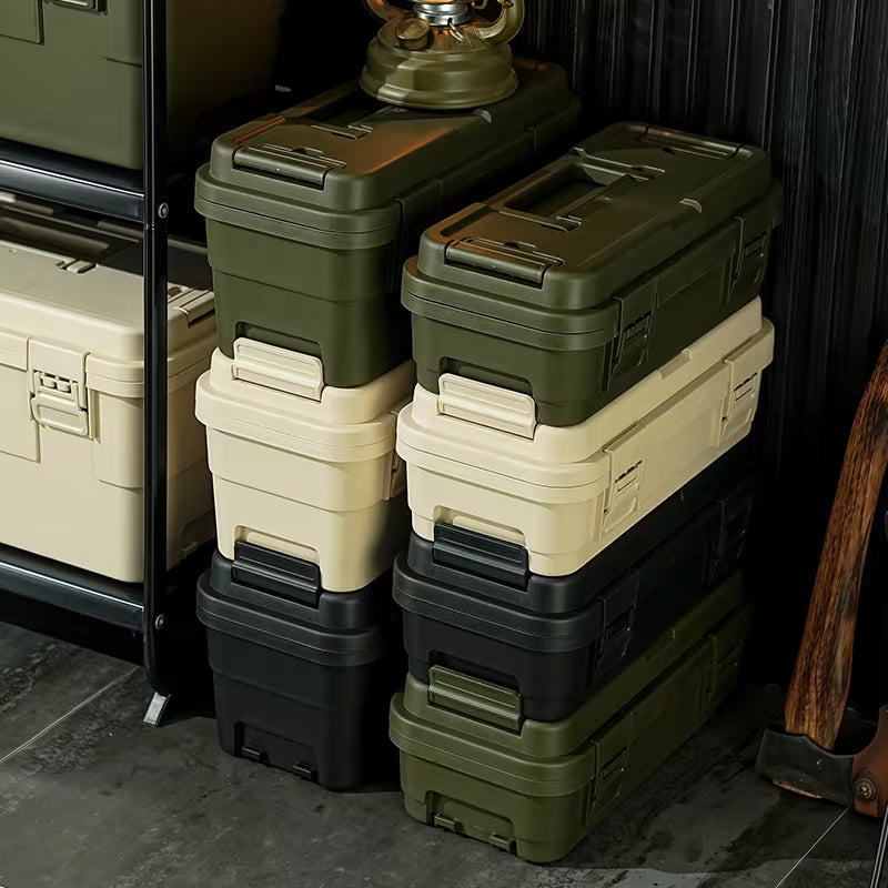 Portable Storage Organizer Featuring an Industrial-Style Toolbox with a Flip-Top Handle And Side Lock Compartments